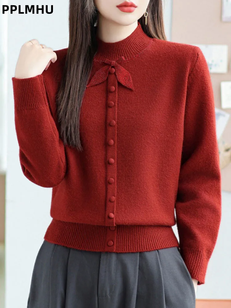 

Button Fashion O-neck Knitted Sweater Thickened Velvet Warm Long Sleeve Knitwear Pullovers Women's Casual Bottomed Jumpers