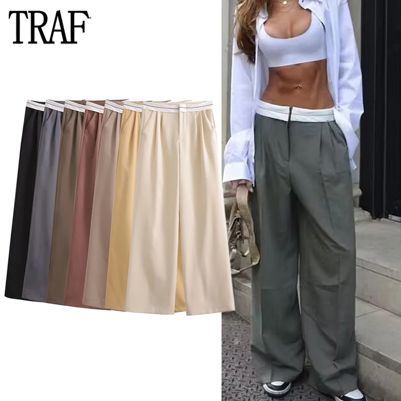 TRAF 2024 Wide Leg Pants for Women High Waist Trousers Women Pleated Casual Baggy Pants Woman Streetwear Oversize Pants Women