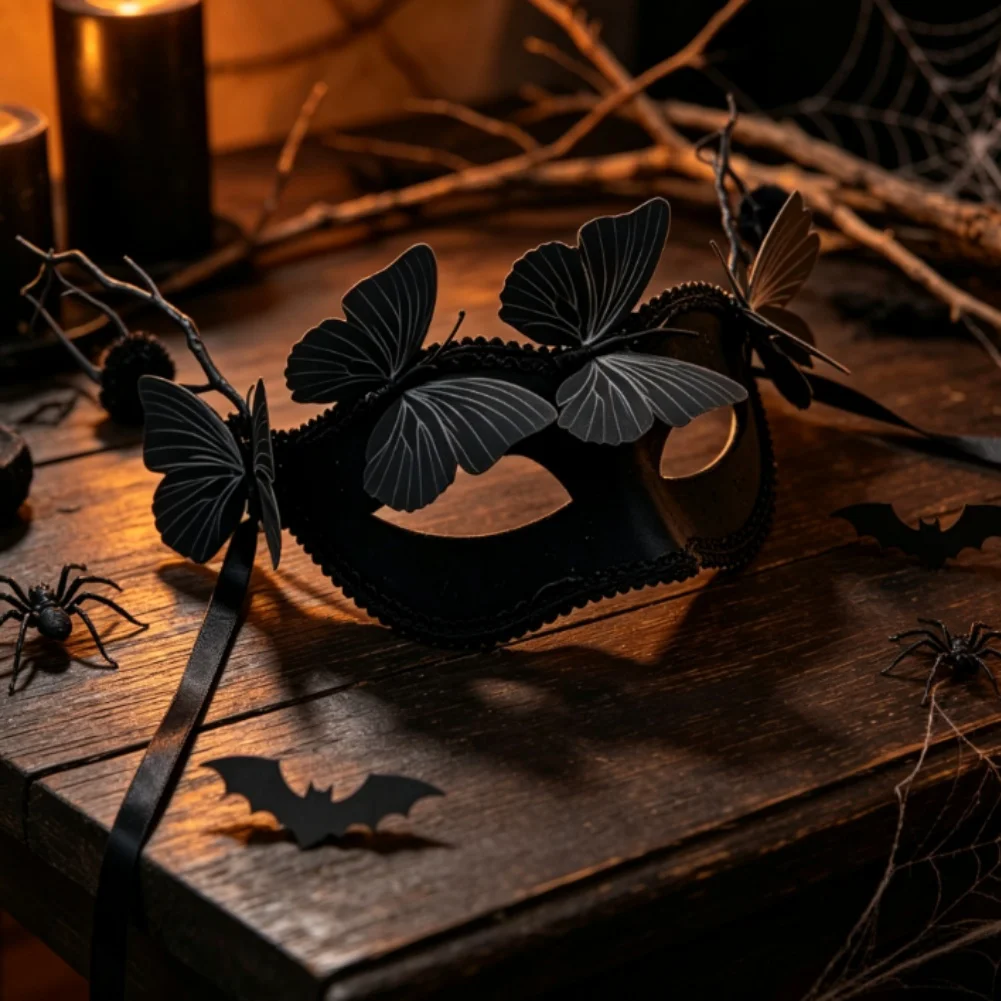 2pcs Black Gothic Butterfly Branch Half Face Lightweight Plastic Vintage Design For Halloween Masquerade Ball Festival Part