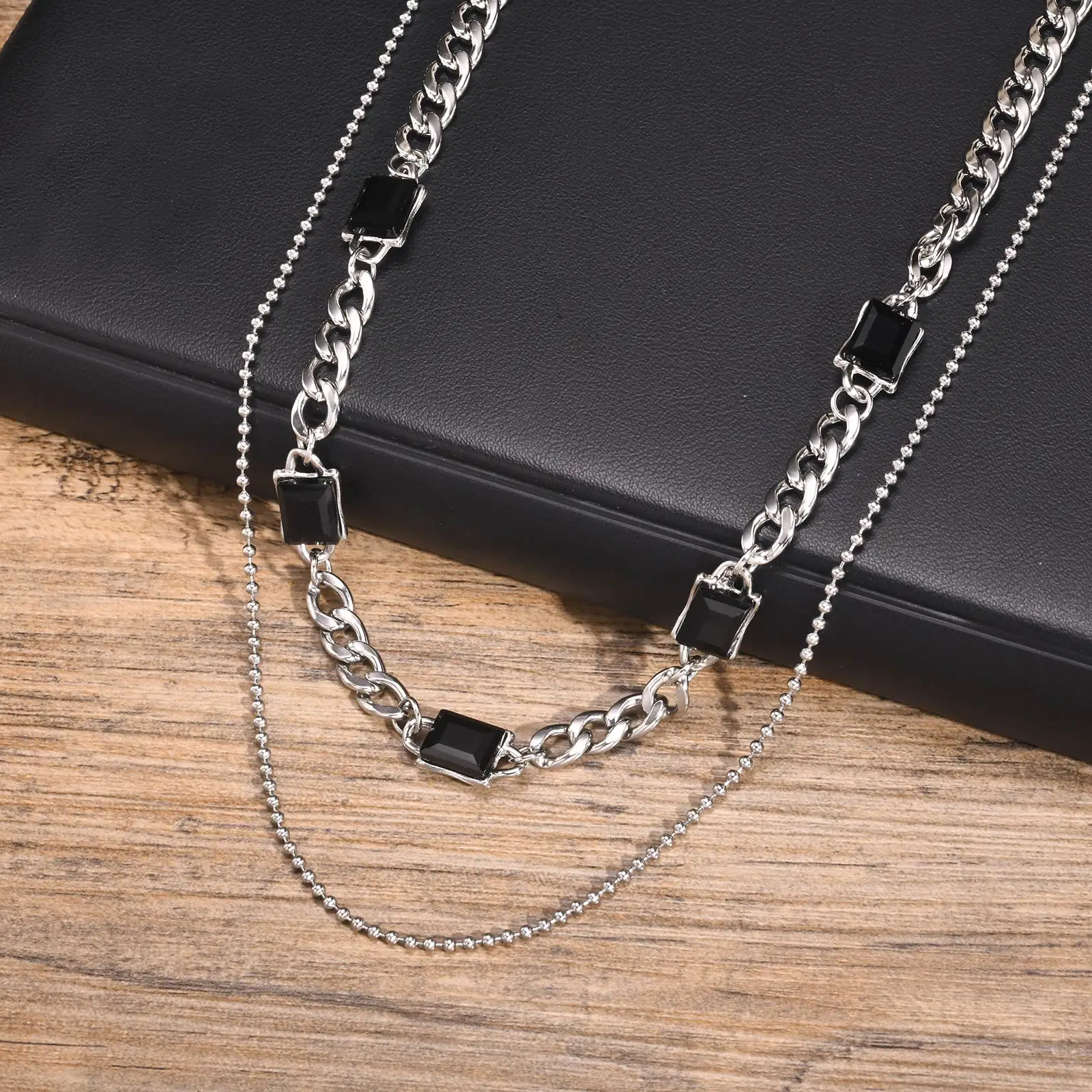 Mprainbow Double Layers Chain Necklaces for Men Women,Black Cubic Zirconia Stone with NK Chain Mini Bead Chains,Unisex Jewelry