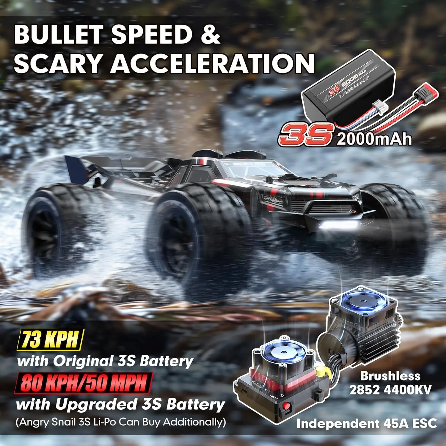 Terrain Fast RC Cars for Adults, RTR Electric Hobby RC Trucks, 4WD Offroad Waterproof Remote Control Car, 50 mph 3S Battery RC T