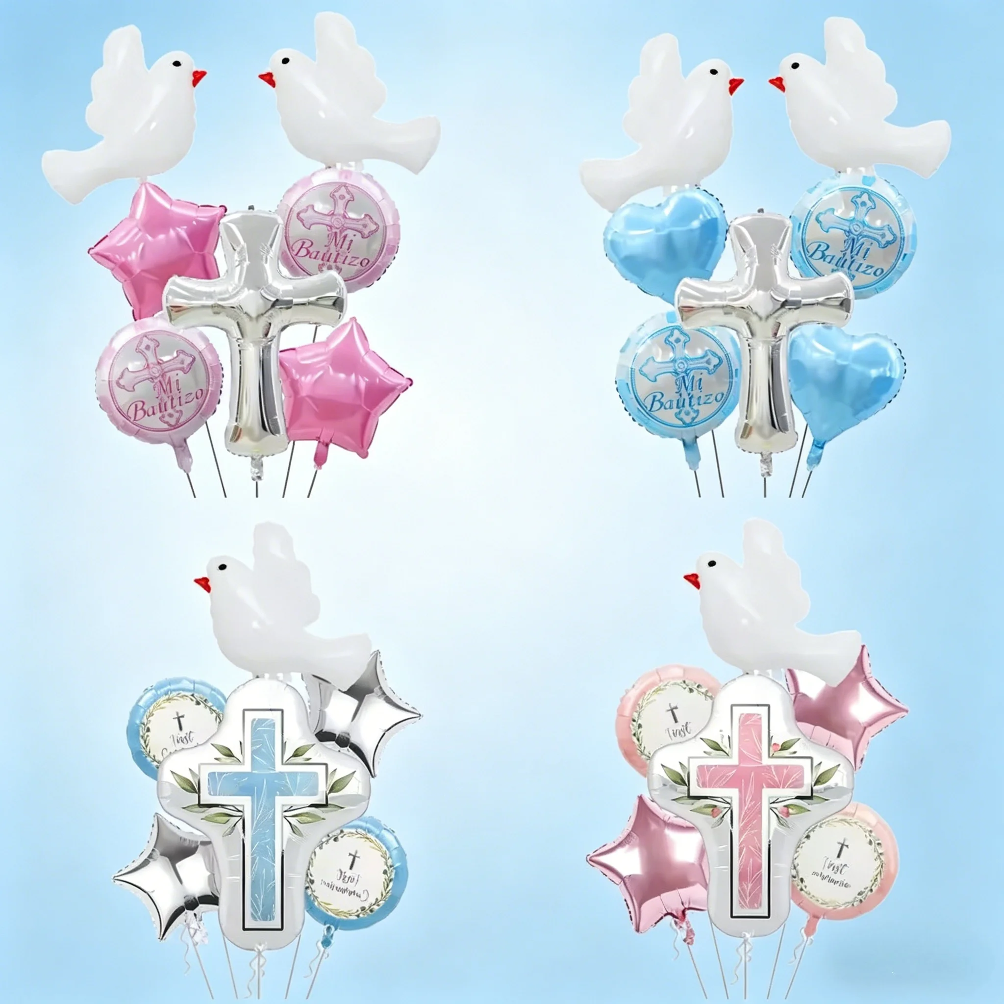 Balões de Batismo para Bebês em Azul e Rosa, 6pcs/7pcs, Balão em Forma de Cruz e Pomba, Balões para Festa de Primeira Comunhão e Batismo