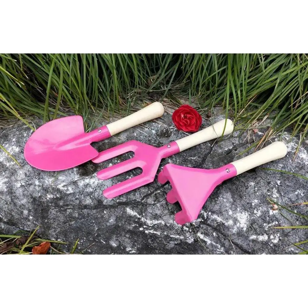 3 Stuks Kinderen Tuingereedschap, Houten Handvat Hark Shovel Vork Set, Strand Kit Voor Jongens En Meisjes