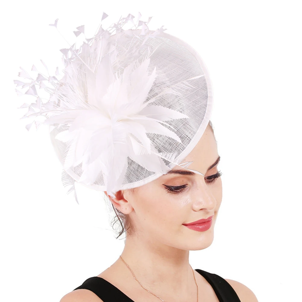 White Sinamay Fashion Headwear Bride Elegant Fedora Cap Fancy Feather Fascinator Hat Hair Pin Fancy Feather Hair Accessories