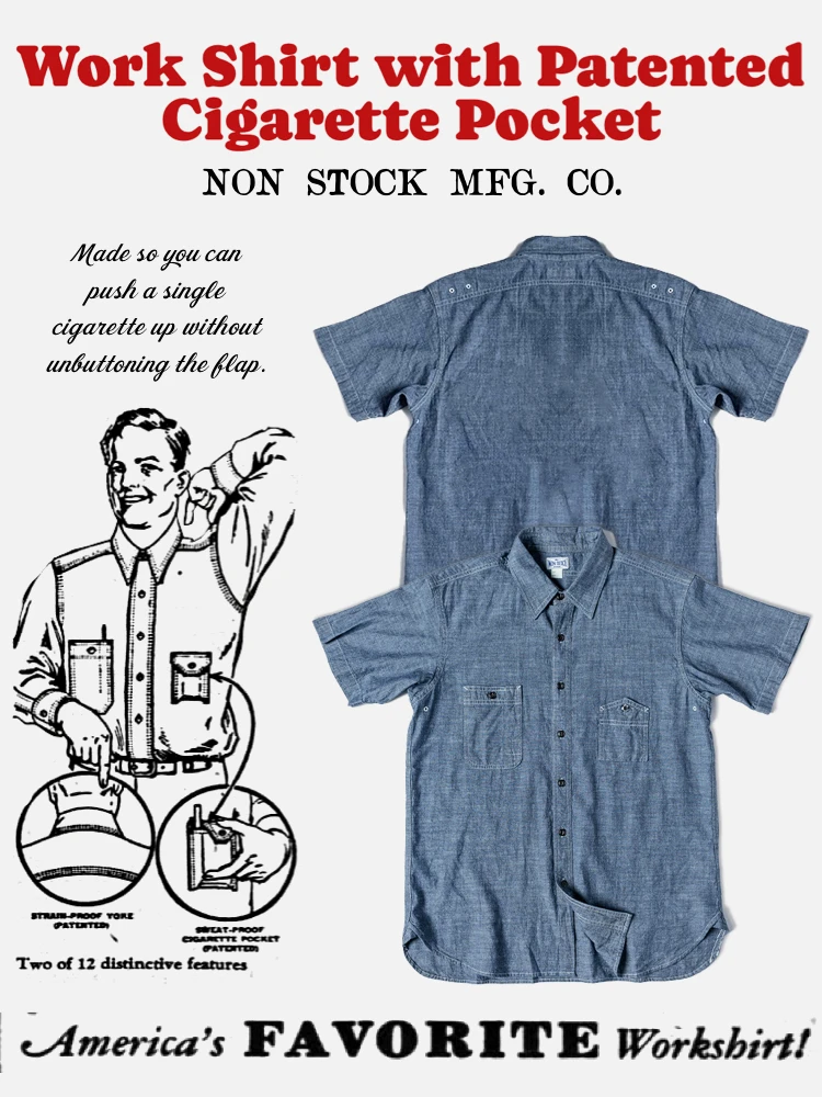 

Youth Fashion Urban Retro Style Short Sleeve Workwear Shirt NonStock 1942 Mountain Shape Pocket Cotton Casual Mens Shirt