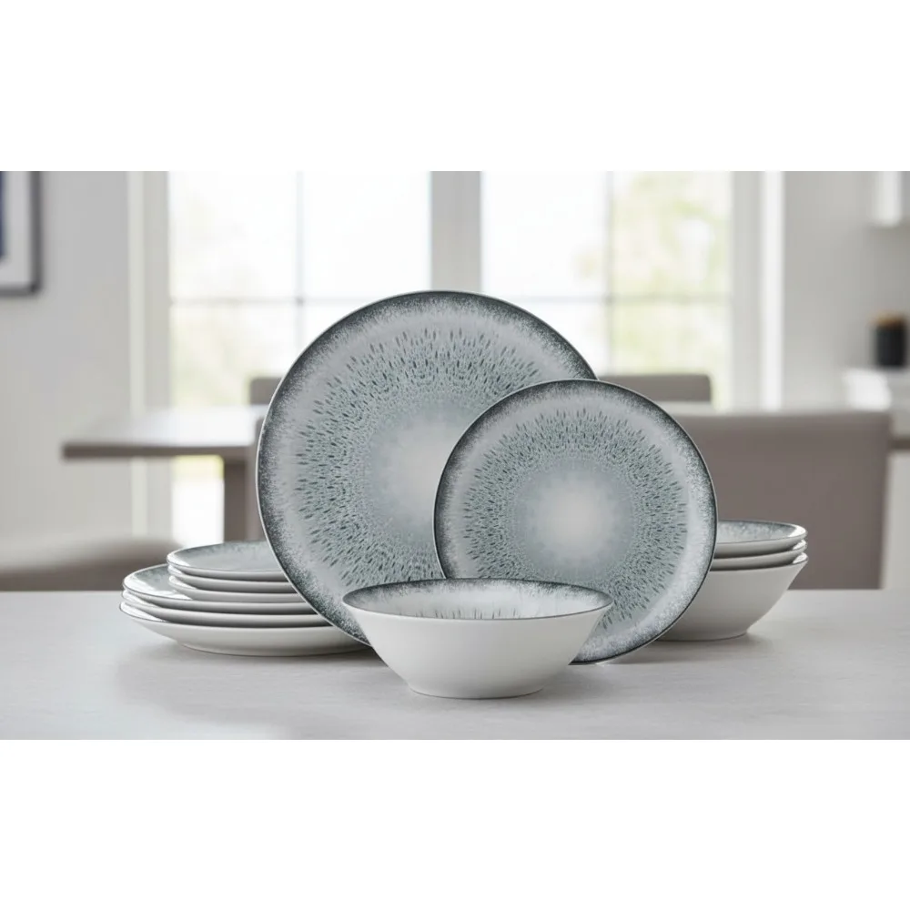 

12-Piece Gray Dinnerware Set for 4, Stoneware Plates & Bowls, Dishwasher & Microwave Safe