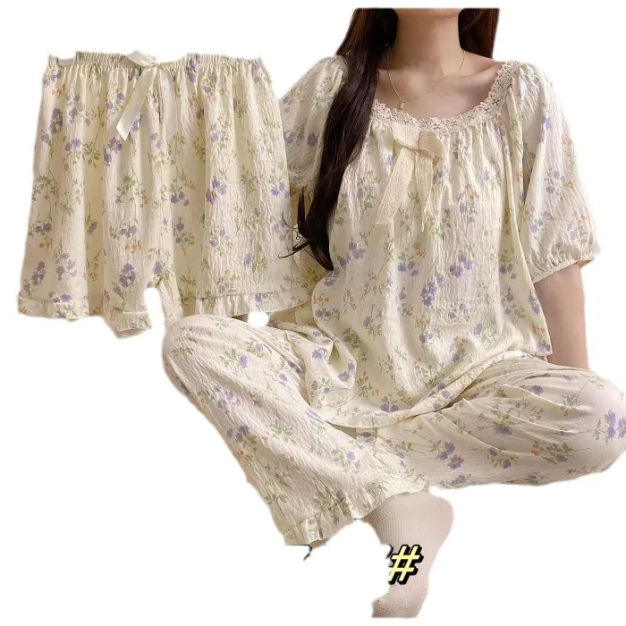 3 Piece Short Sleeve Pants Floral Print Woman Satin Pajama Sets Ensembles Lady Outfit Lounge Women Pijama Sleepwear Pj