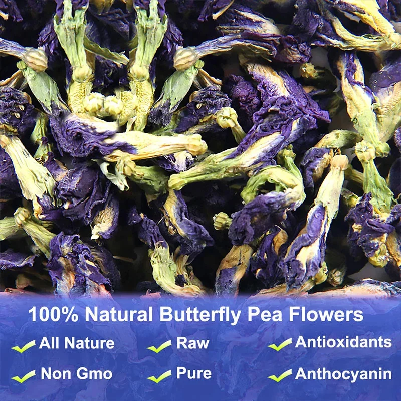 Té de Flor de Guisante Mariposa Azul 100% Puro y Natural de Tailandia (Clitoria Ternatea) para Hornear, Colorear, Bañar y Cuidado de la Piel 50/100/150/200g