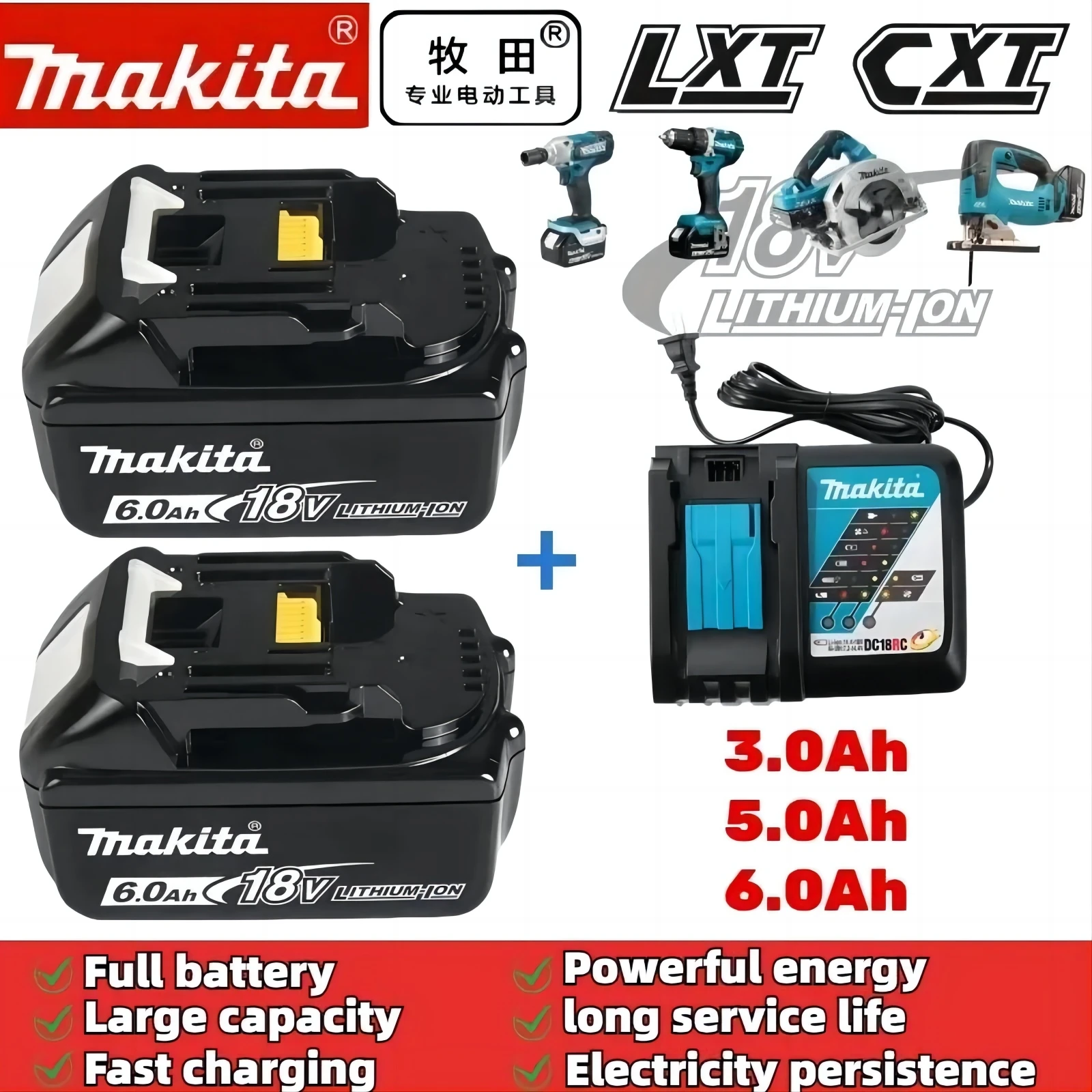 Makita-100% Original Rechargeable Power Tool Battery, Replaceable LED Lithium-ion, 6.0 Ah 18V LXT BL1860B BL1860 BL1850 BL1830