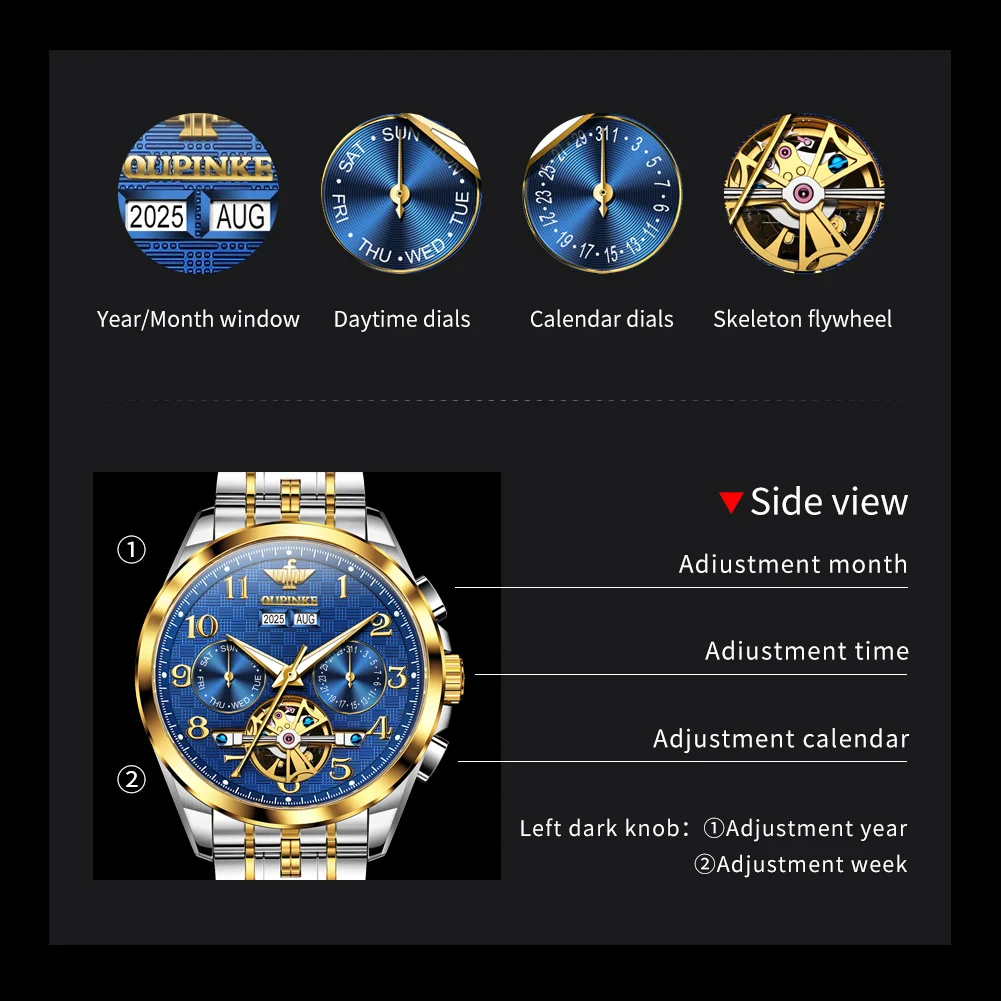 OUPINKE 3263 Flywheel Hollow Men Watch Luxury Brand Tungsten Steel Waterproof Calendar Watch All Automatic Mechanical Watch Gift