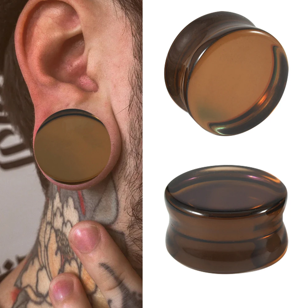 Dreamlee 2PCS Natural Glass AB Coffe Color Saddle Ear Tunnel Plug Gauge Expander Stretcher Earring Body Jewelry