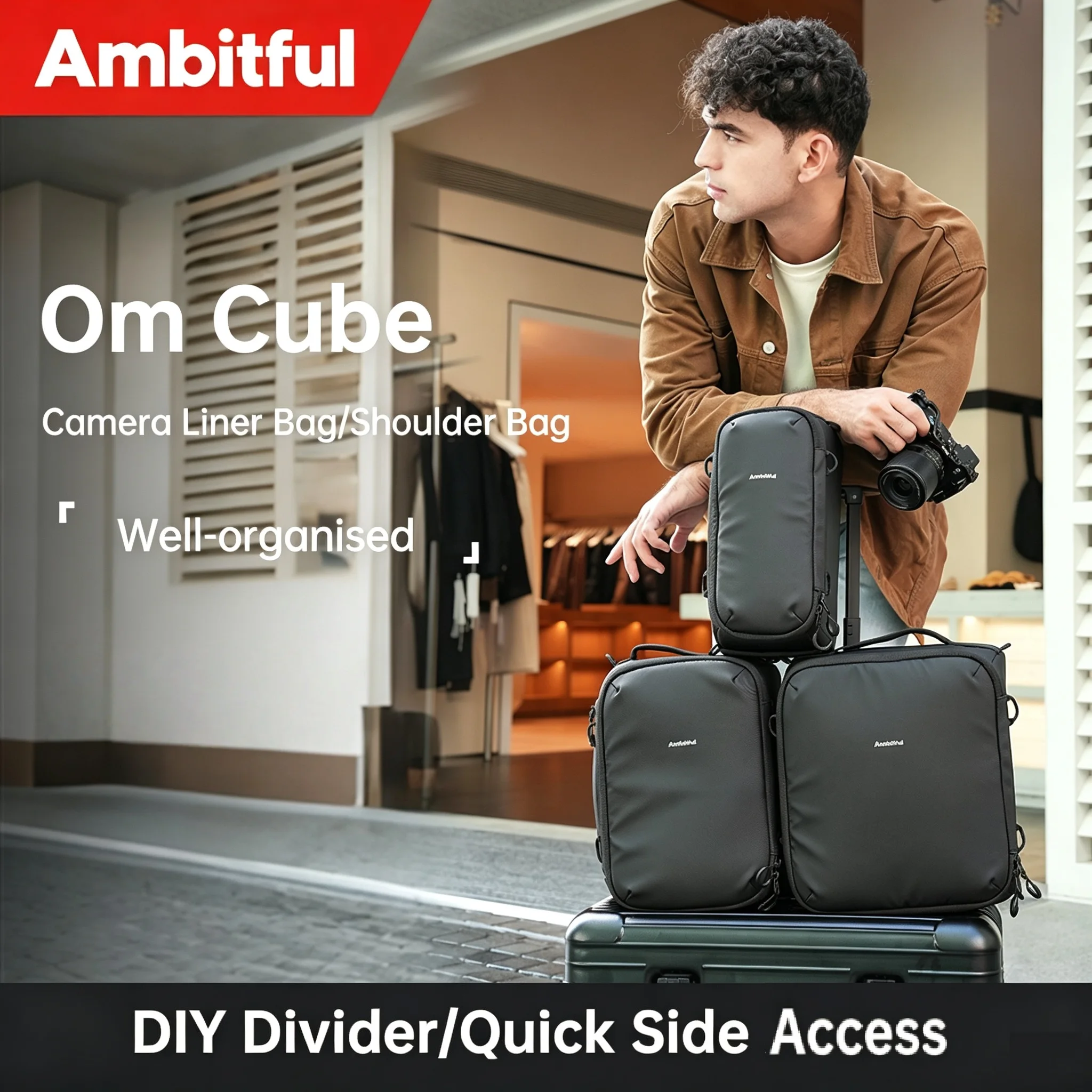 Sac intérieur pour appareil photo reflex numérique Ambitful Om Cube, sacoche multifonctionnelle épaisse pour objectif d'appareil photo, sac à bandoulière pour Canon Fuji Sony