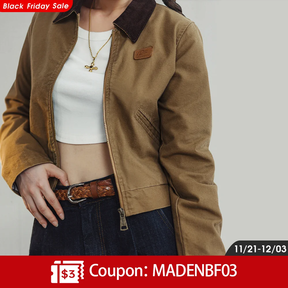 Maden Khaki Detroit Jackets for Women Vintage Turn-down Collar Workwear Jacket Spring and Autumn Canvas Coat Slim Fit