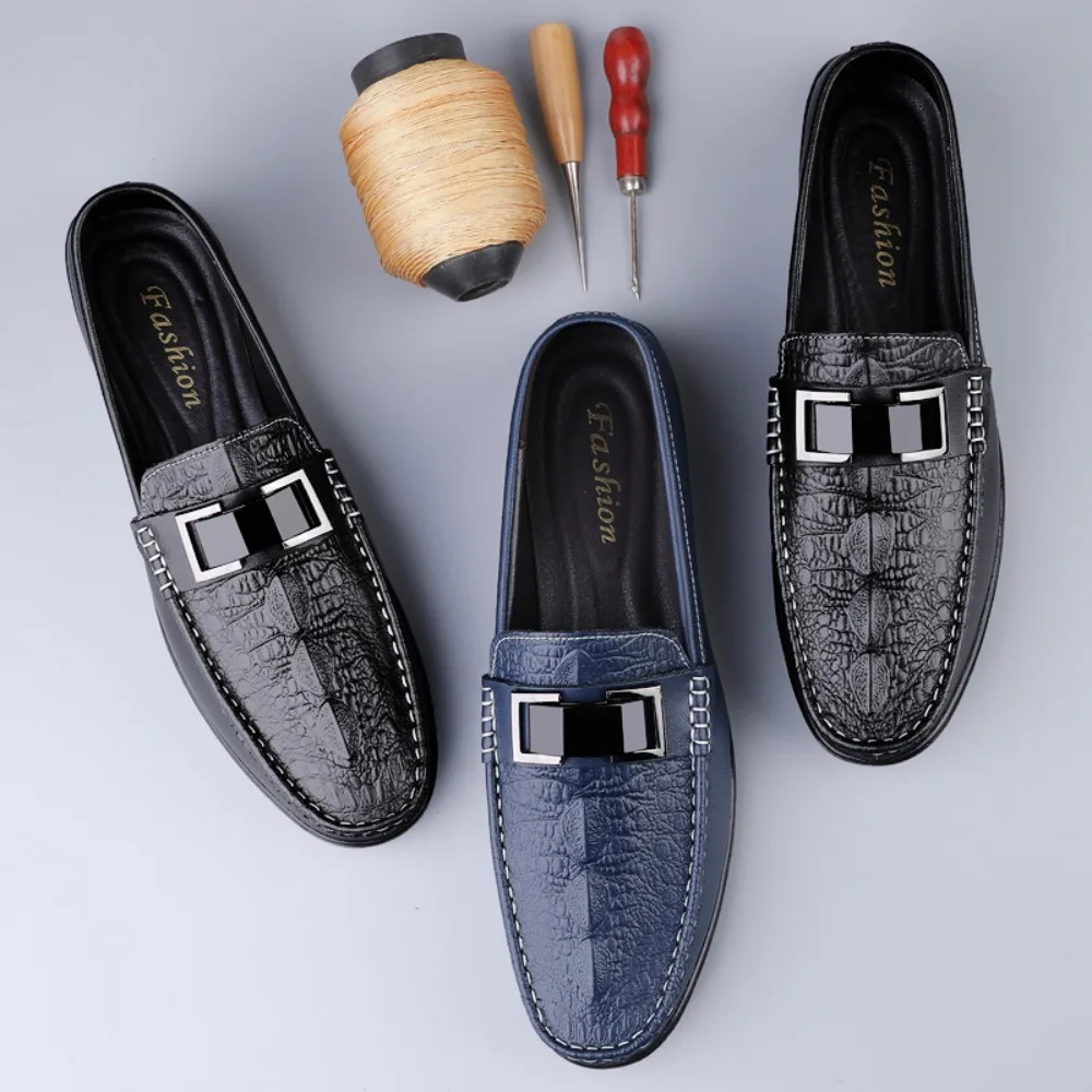 

Men's Casual Driving Shoes Crocodile Pattern Genuine Leather British Style Slip-On Flat Heel Breathable Anti-Slip Spring Summer