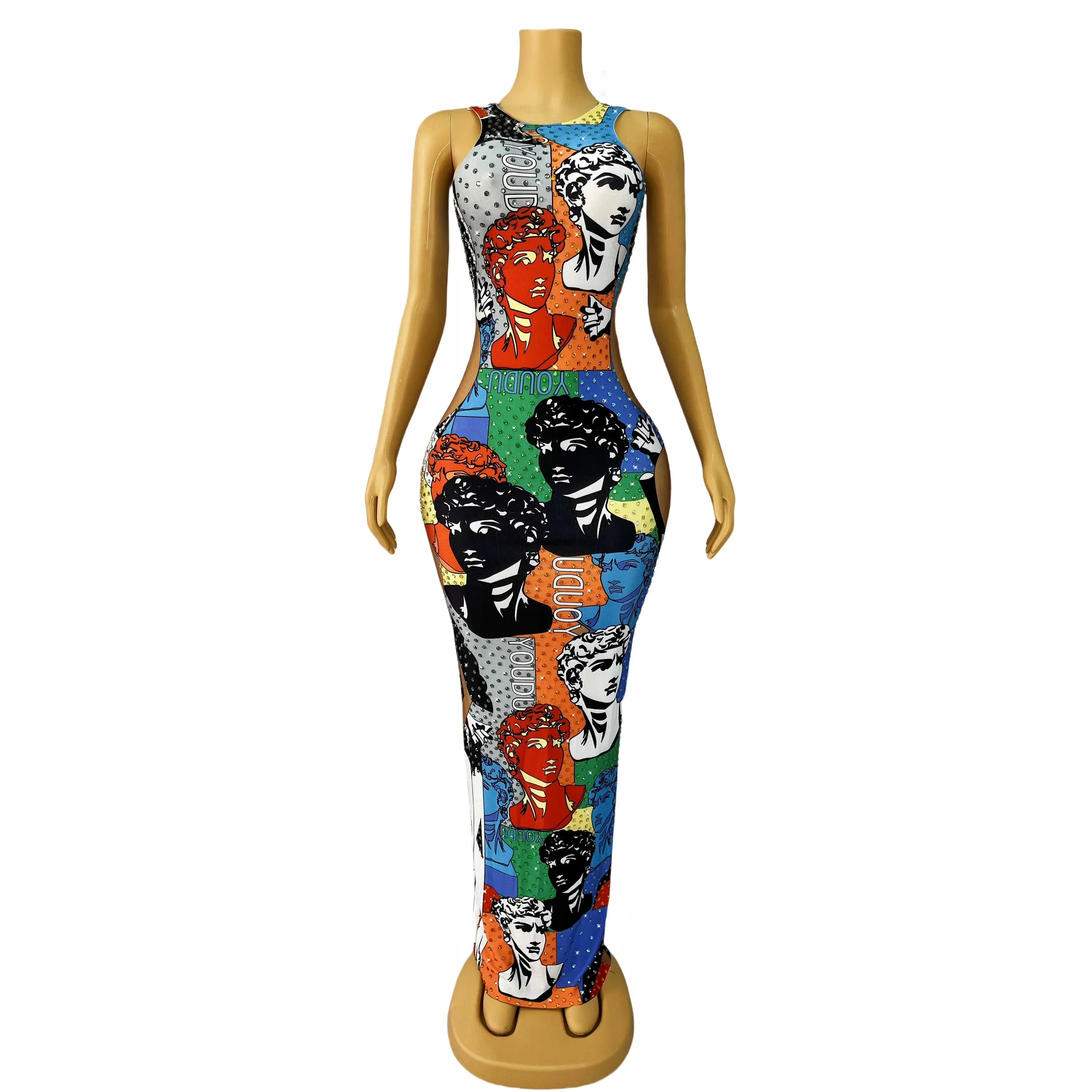 

Cute Summer Colorful Rhinestones Spandex Stretch Celebrate Face Pattern Dress Outfit Party Singer Collection Birthday Costume PO