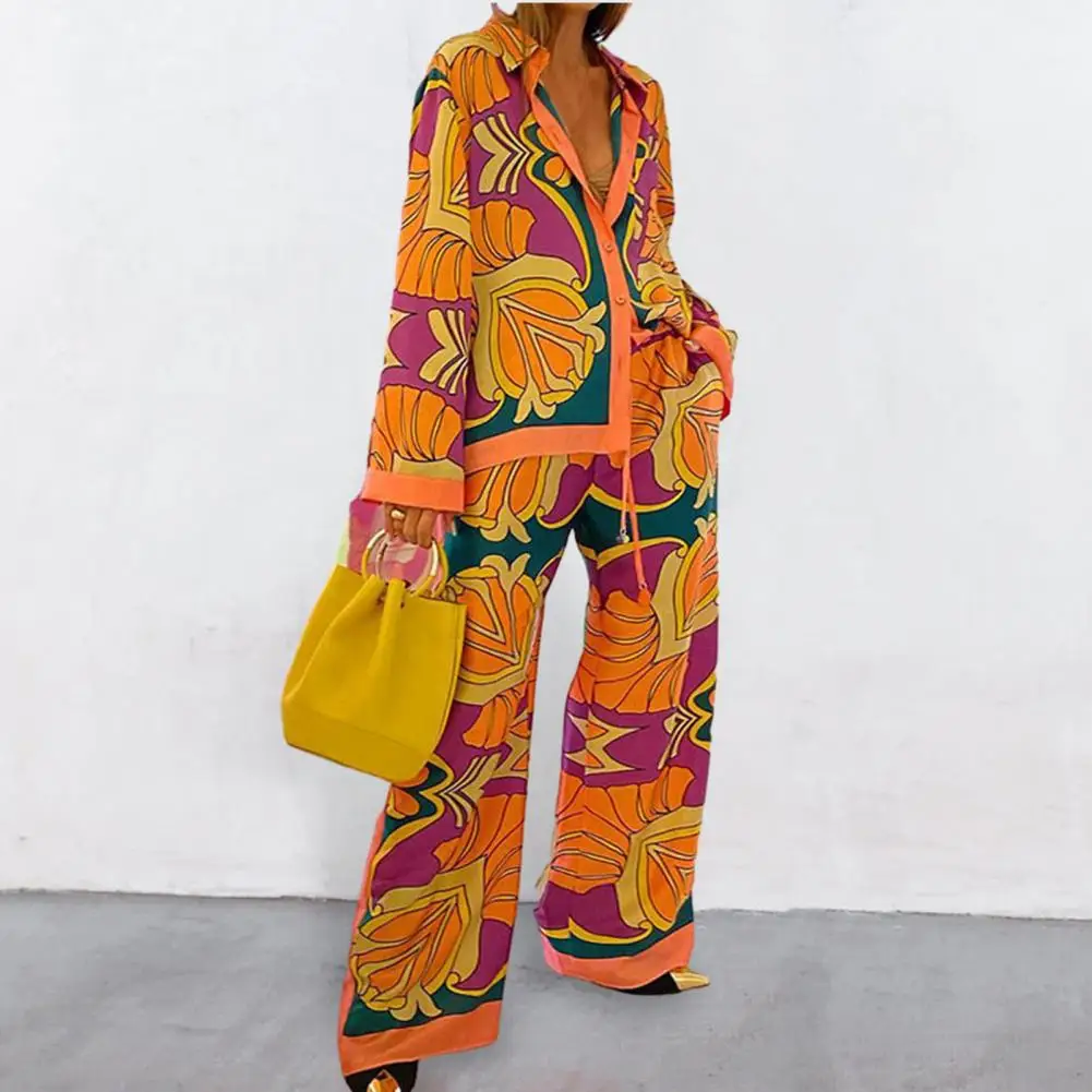 Ethnic Shirt Pants Suit Women Suit Vibrant Ethnic Style Ladies Shirt Pants Suit Wide Leg Exaggerated Pockets High Elastic Waist