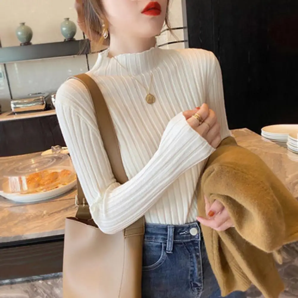 Fall Winter Women Sweater Half High Collar Neck Thin Knitted Top Elastic Slim Fit Striped Lady Bottoming Top