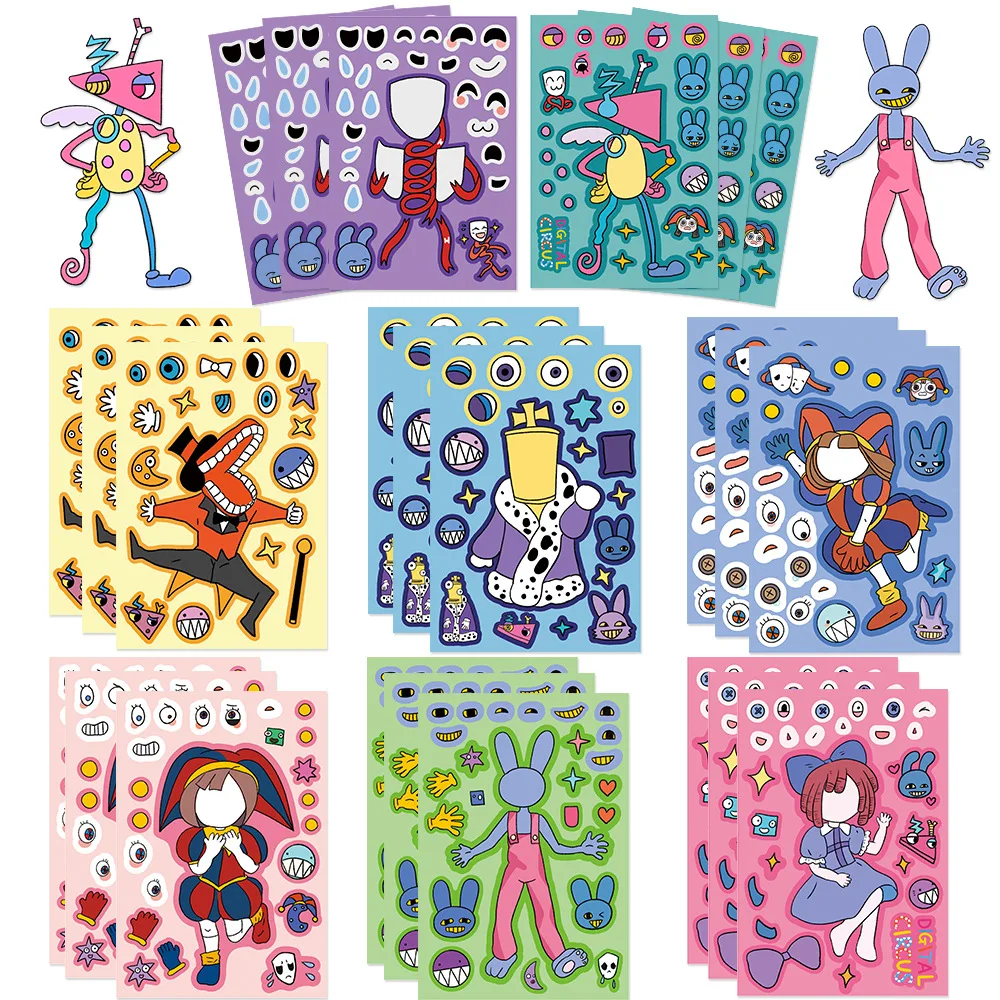 8pcs The Amazing Digital Circus Stickers Kawaii DIY Cartoon Sticker Cute Make A Face Puzzle Sticker Children Birthday Gifts Toys