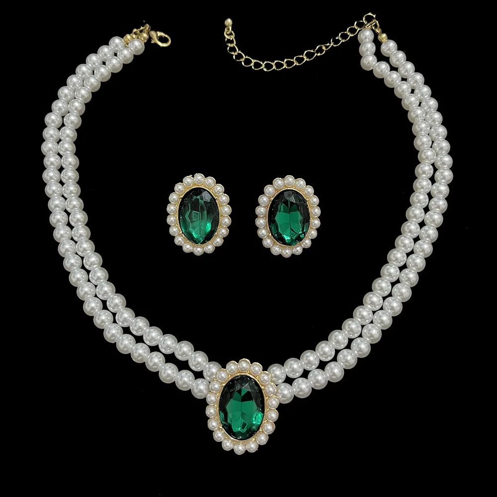 KMVEXO Vintage Imitation Pearl Necklace Earrings Jewelry Set for Women Emerald Crystal Choker Banquet Bridal Wedding Accessories