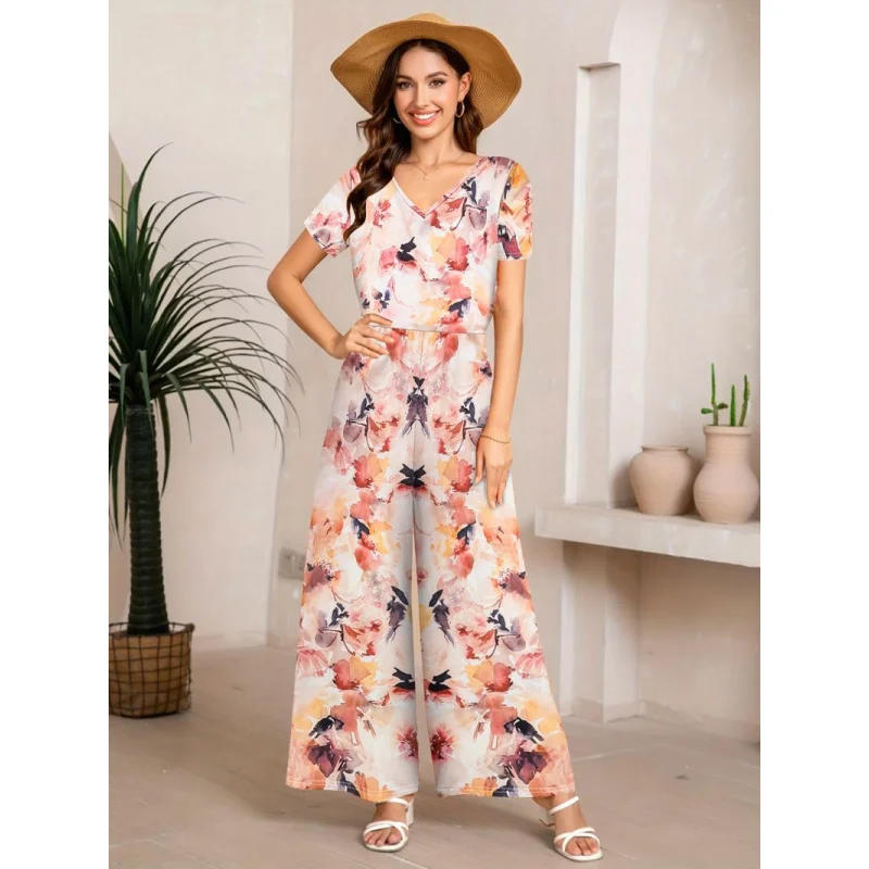 

Легкий комбинезон в зрелом стиле с цветочным принтом и V-образным воротником, летние прямые широкие брюки с эластичной резинкой на талии