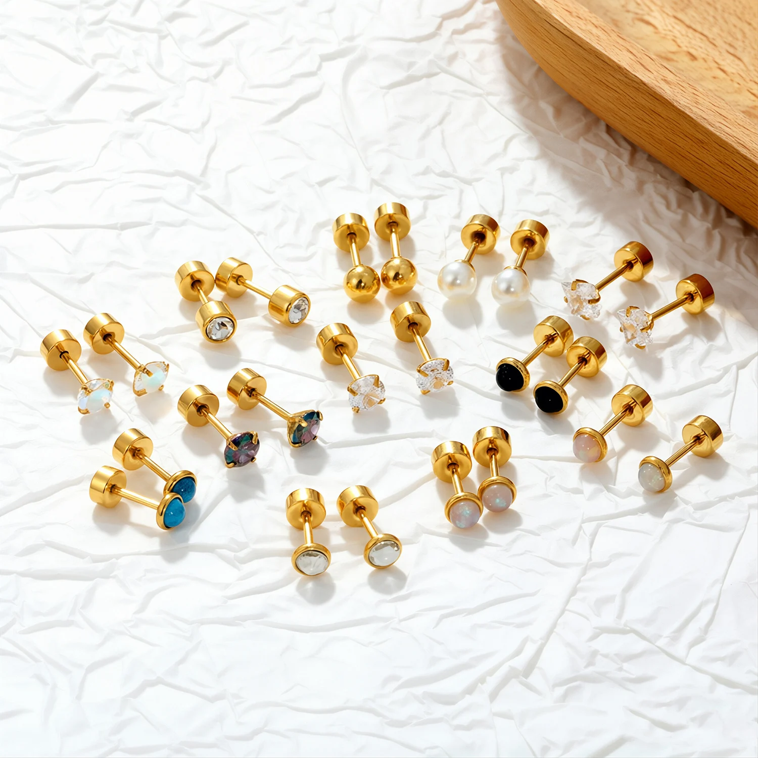 316L Stainless Steel 12pairs/Lots Geometric Round Shape Zircon Earrings Stud Set Screwpack Piercing CZ Cartilage for Female Male