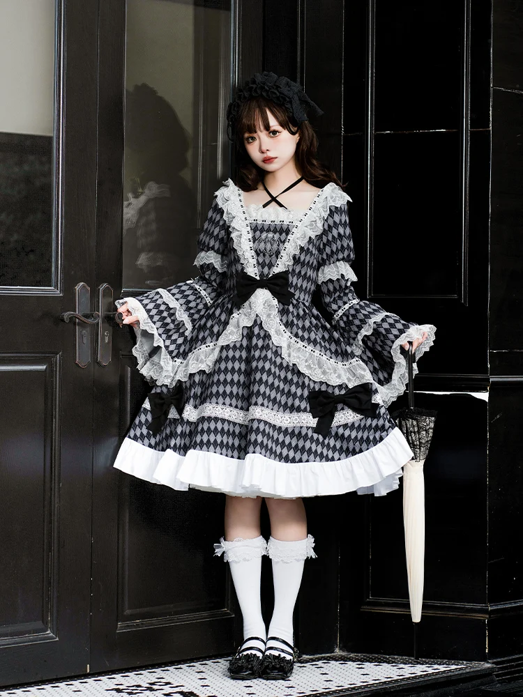 Harajuku Design originale Retro gotico Plaid collo quadrato Op Dress ricamato a maniche lunghe Lolita elegante fata principessa ragazze