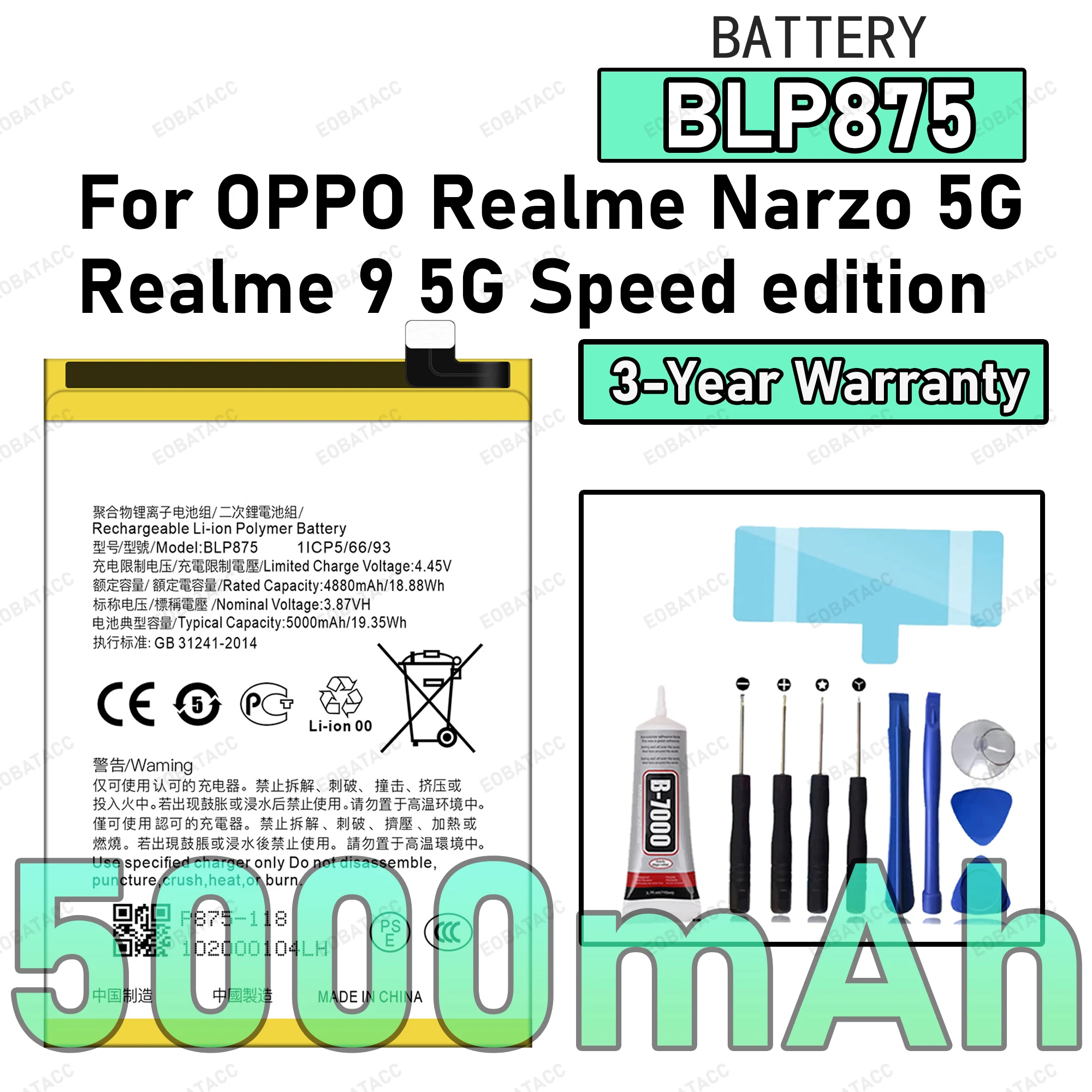 

5000mAh BLP875 Battery For OPPO Realme Narzo 5G/Realme 9 5G Speed edition Replacement Bateria+Free Tools