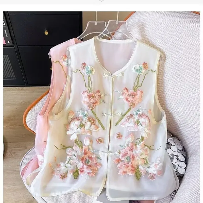 Chinese Style Embroidery Waistcoat 2025 Summer Women Breathable Thin Vest Female Sleeveless Short Jacket Autumn Vintage Vest