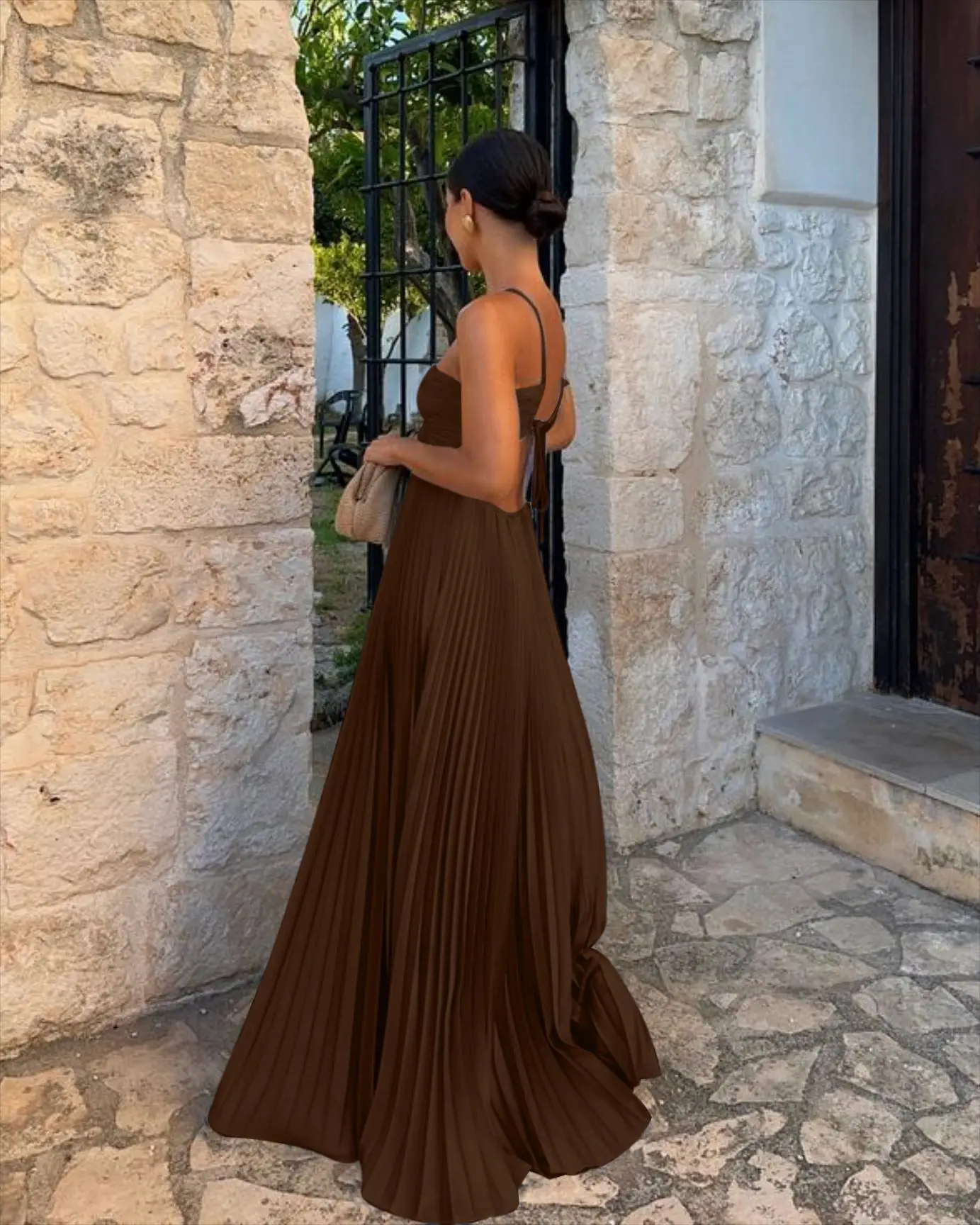 Blue Pleated Halter Long Dress Women's Solid Sleeveless Backless Lace-up Maxi Dress Summer Beach Vacation Evening Party Vestidos