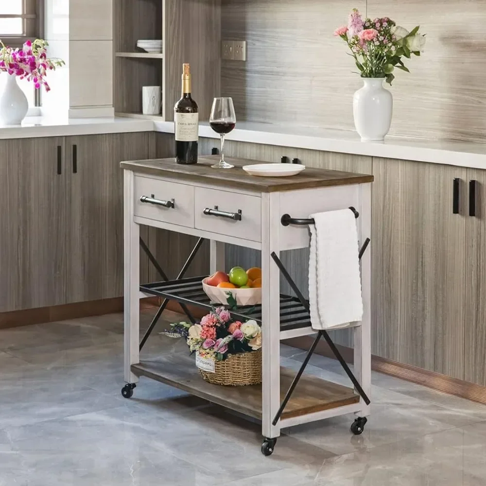 Coffee Bar and Microwave Stand, Island on Wheels with Storage, Off-White and Brown Aurora Kitchen Cart