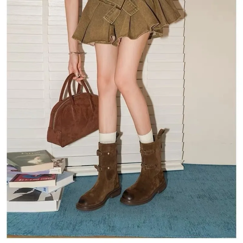 Botines pitillo retro Botas desnudas planas de motocicleta Maillard para mujer