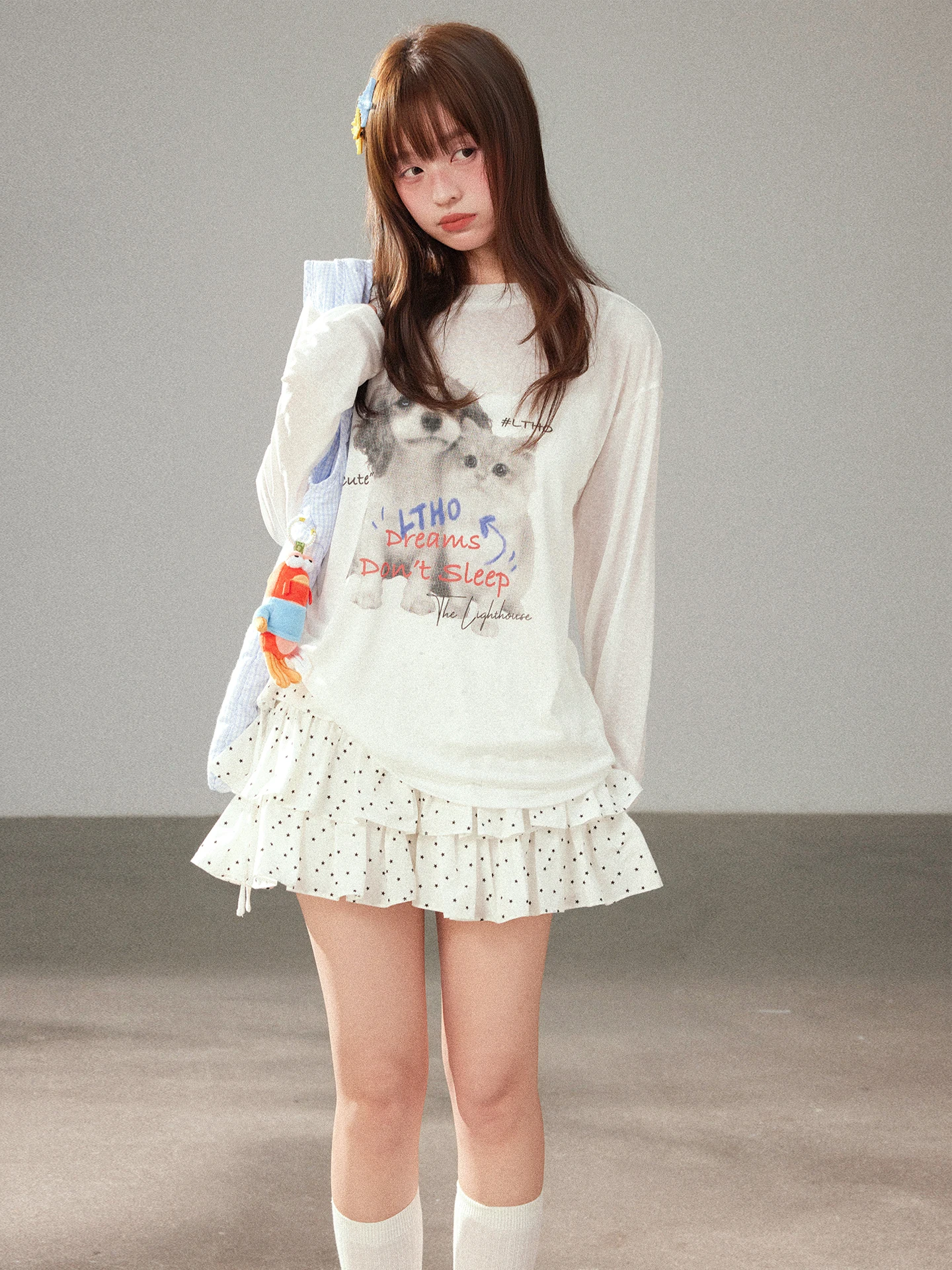 

Футболка Ltho для девочек с длинным рукавом, белая, свободного кроя, с принтом, из лиоцелла, с защитой от солнца, двусторонняя, удобная, дышащая, с УФ-защитой