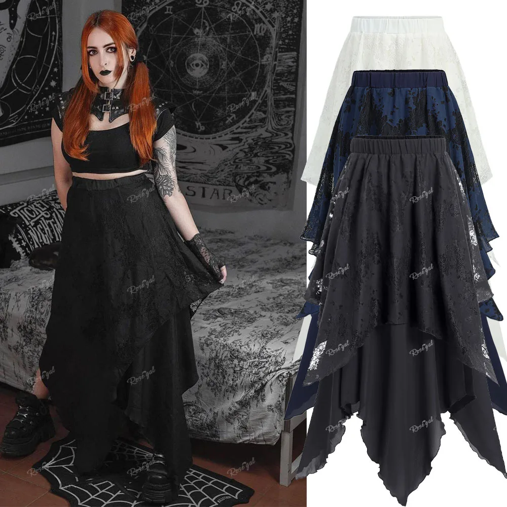 

ROSEGAL большие размеры, готические асимметричные юбки, женские кружевные накладные многослойные носовые платки, струящаяся макси-юбка, черный, темно-красный, белый