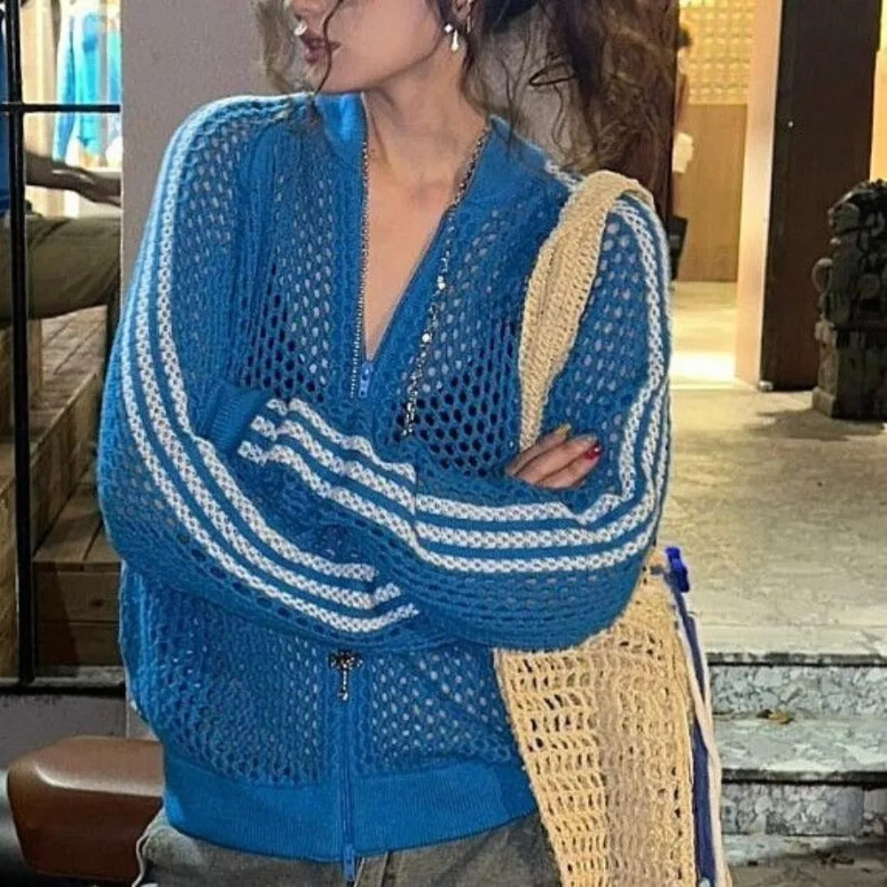 

2025 Summer Vintage Striped Hollow Out Zip Up Knit Cardigan for Women Unique Design Trendy Lightweight Outerwear