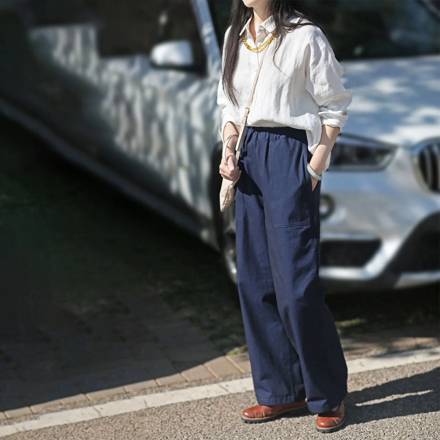 

Original Design Double-Sided Wear Pre-Dyed Cotton Elastic Waist Loose Fit Long Pants Casual Pants for Women by HuaZiXinganui