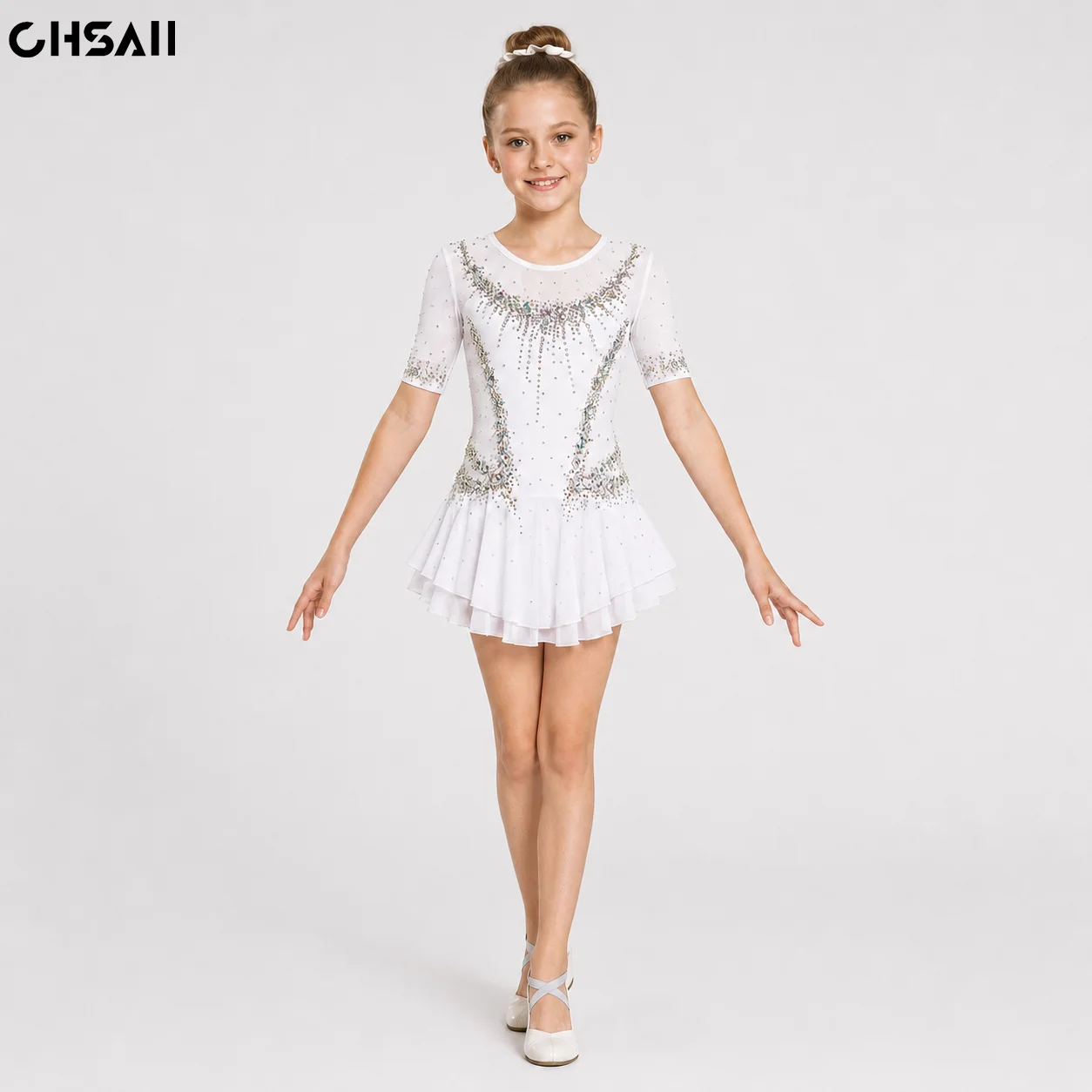 Girls White Figure Skating Dress Rhinestone Long Sleeve Ballet Dance Leotard Chiffon Skirt Kids Competition Costume Stage Outfit
