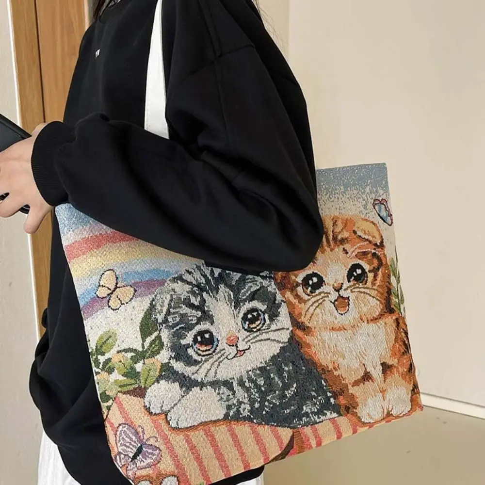 Flower Embroidery Ethnic Style Handbag Butterfly Dog Cartoon Animal Shoulder Bag Large Capacity Korean Style Canvas Cat Tote Bag