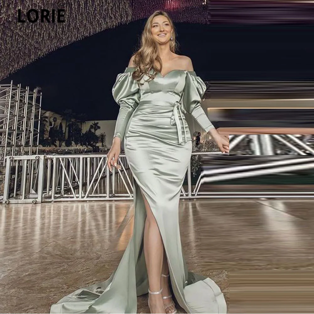 

LORIE Mermaid Taffeta Prom Dresses Elegant Long Sleeves Evening Gown 2022 Off the Shoulder Plus Size Leg Slit Women Formal Dress