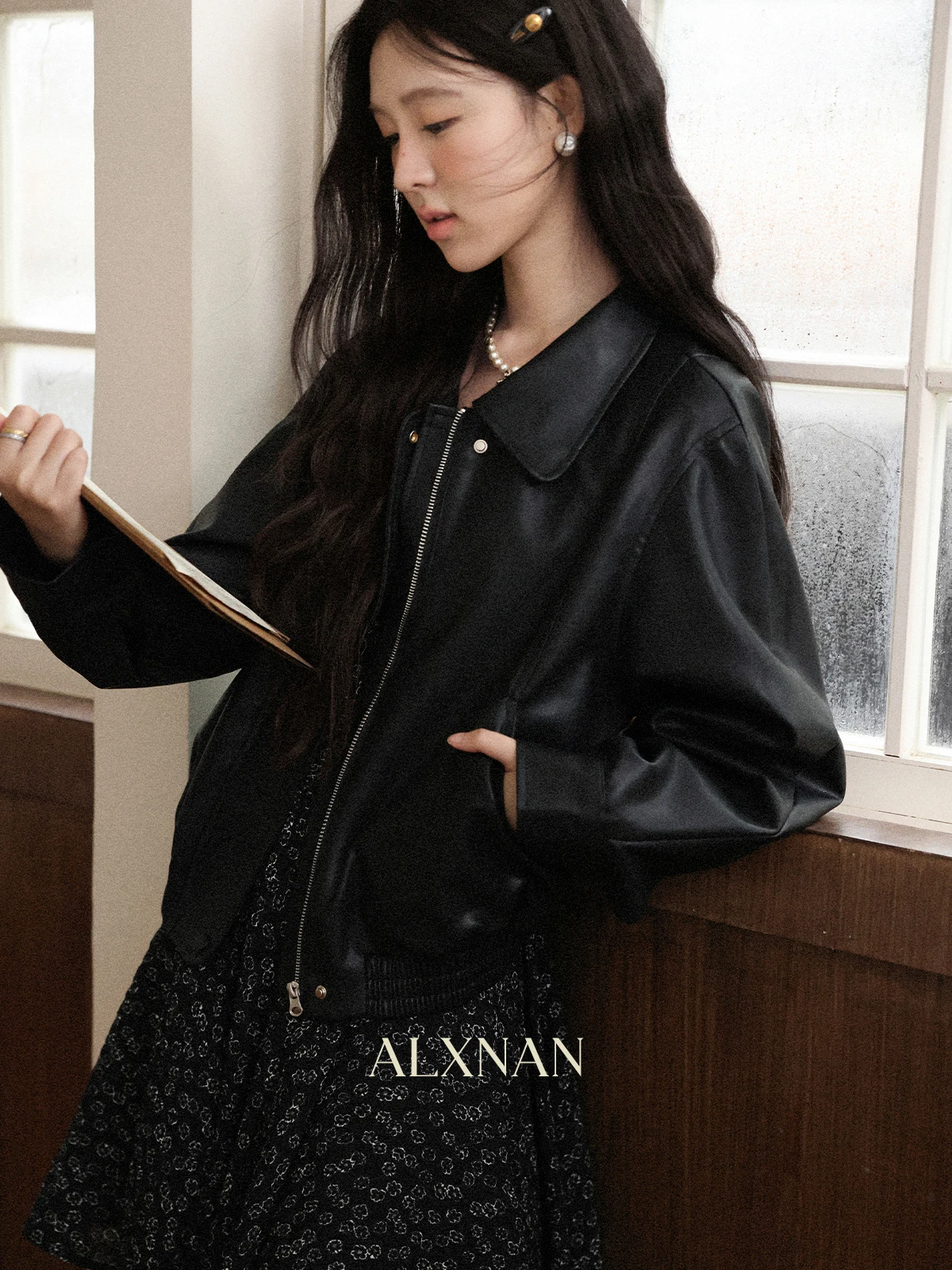 

ort Bla Leather Jaet Fem с откидным воротником на молнии, теплая осенне-зимняя верхняя одежда на подкладке Fce, Sli Commute Sle