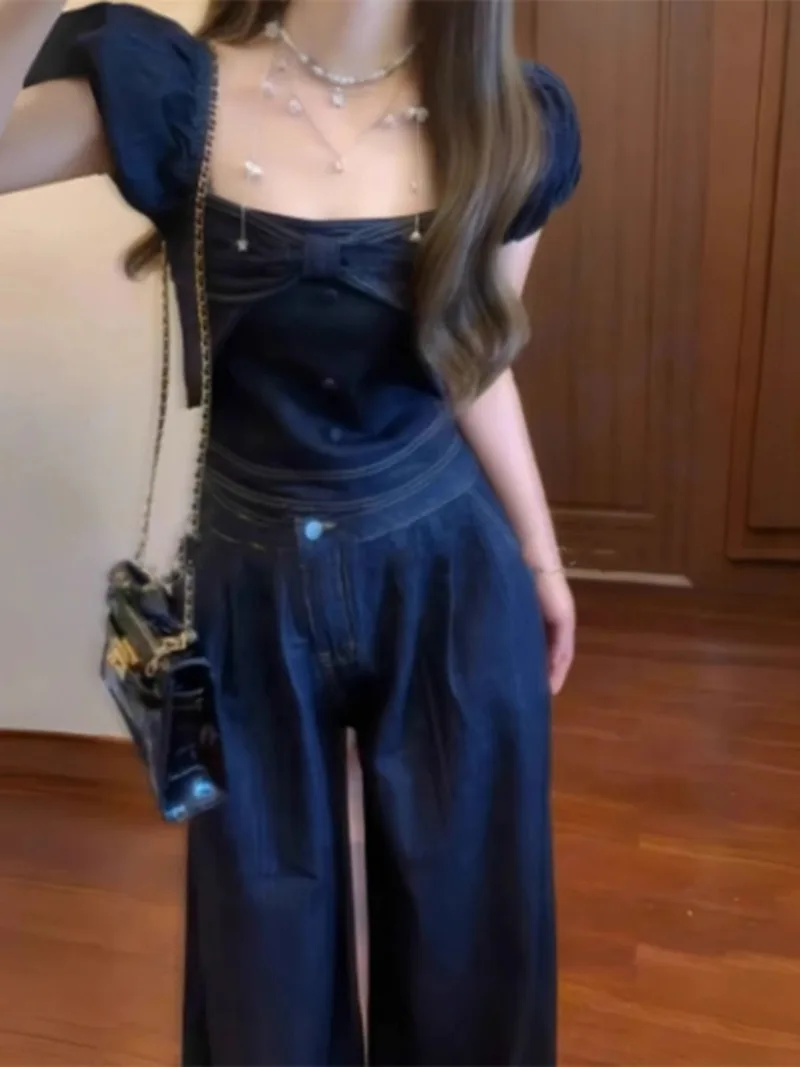 

Casual Denim Suit Women's Summer Bow Short-sleeved Top High Waist Wide Leg Pants Two-piece Set Fashion Female Clothes