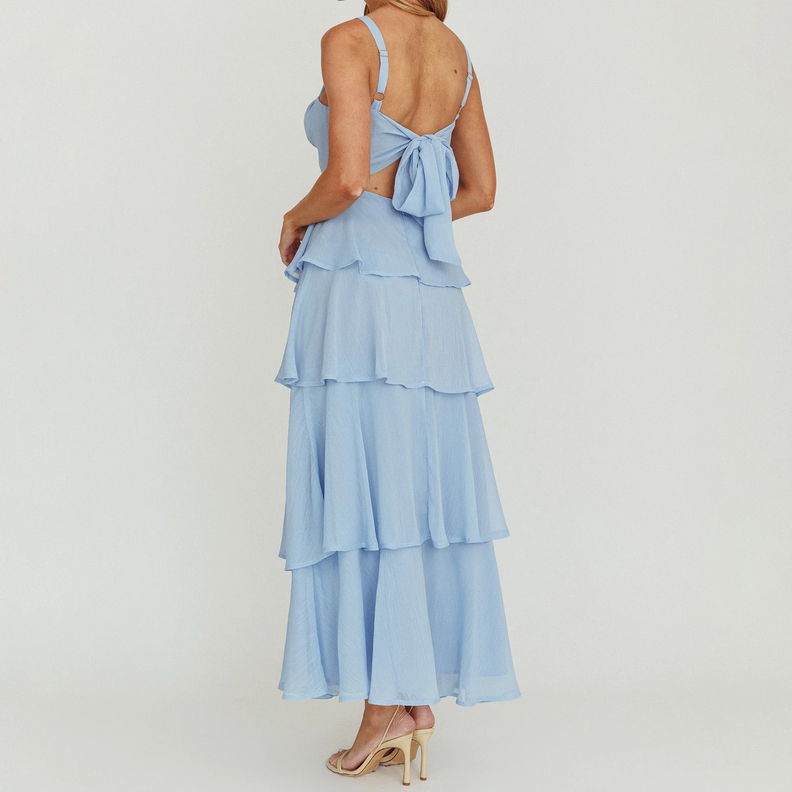 Vestido largo de verano para mujer, color sólido, sin mangas, con tirantes finos, busto ahumado, vestido de pastel delgado