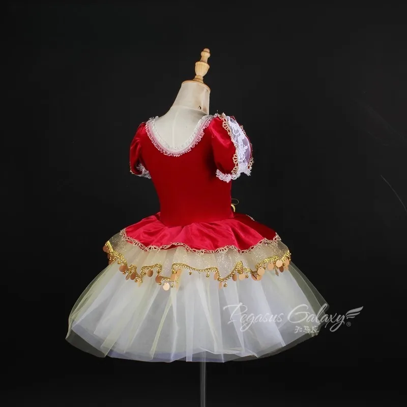 Vestido tutu de balé retrô vermelho, vestido de sino com design de palco, roupa de dança, gola de renda, manga bufante, vestido de princesa para meninas e mulheres