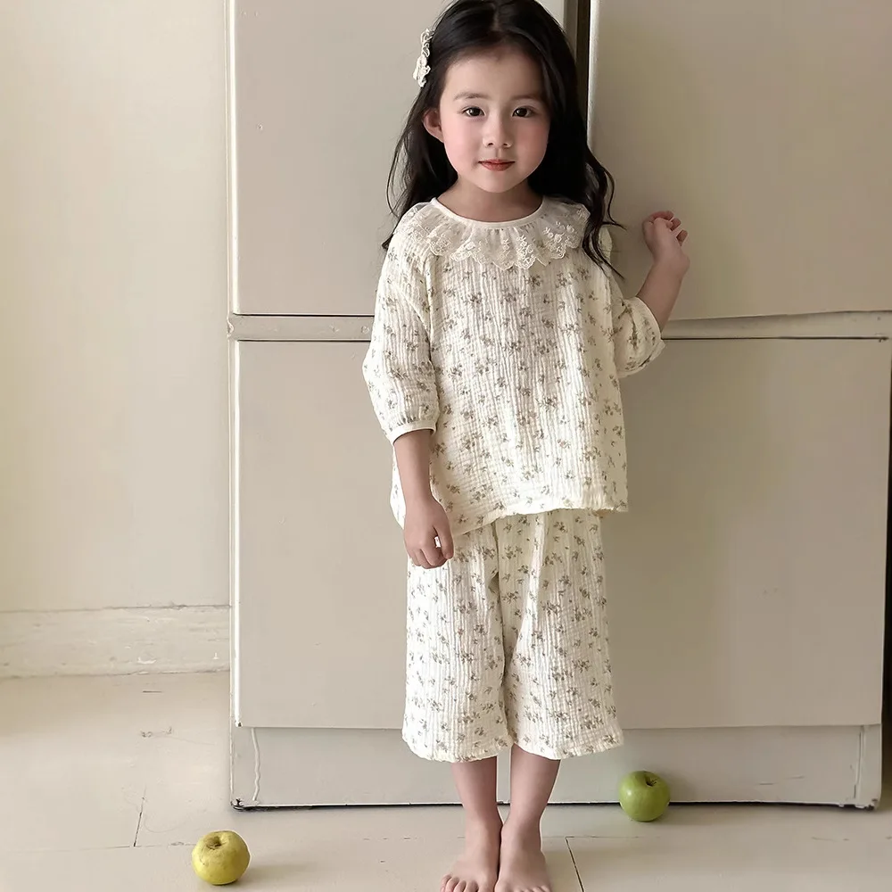 Girls Home Clothes Summer Cotton Gauze Seven Sleeve Set Baby Air Conditioning Clothes Sleepwear 2026