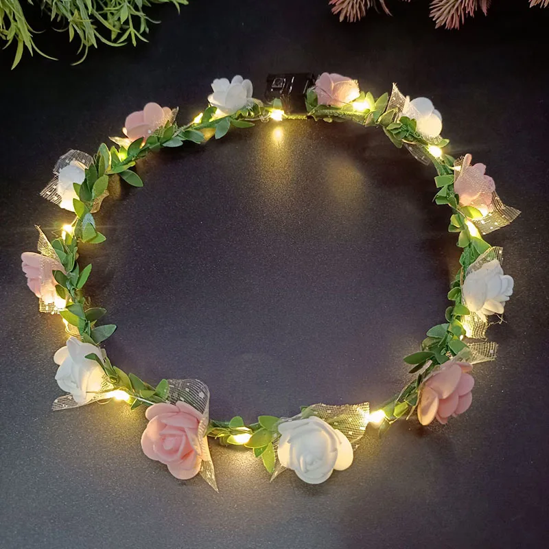 Romantic Glowing Wreath LED Light Rose Flowers Hairband Headpiece for Wedding Party Girl Birthday Favor Luminous Hair Garland