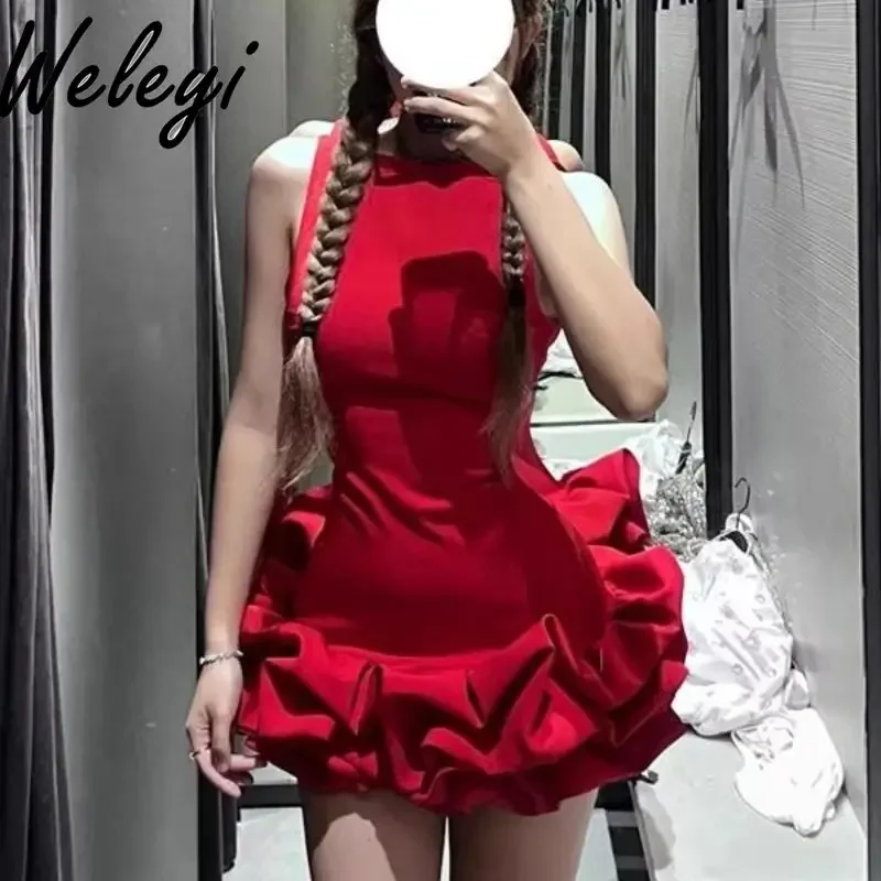 

Red Sleeveless Suspender Short Bud Dress Ladies 2024 Autumn New Women's Solid Color Dresses Women 2024 Clothes Female Vestidos