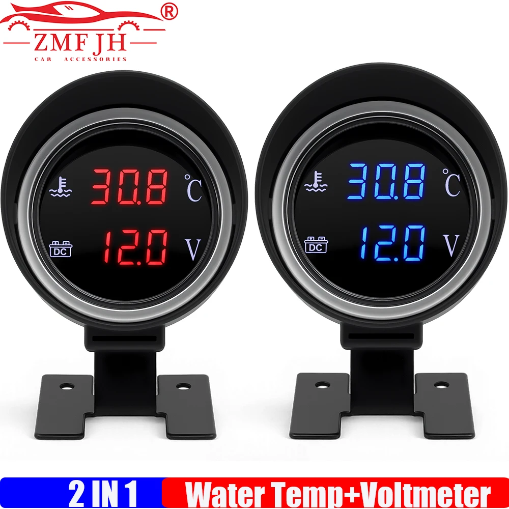 ZMFJH 2 IN 1 Digital Gauge Water Temperature Meter+Voltmeter with Sensor 10MM Flashing Alarm RED BLUE LED for Car Truck 12V24V