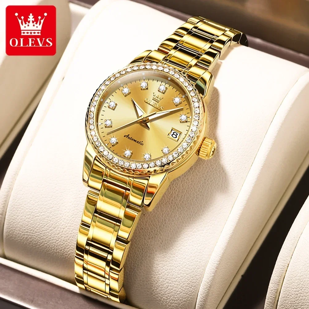 OLEVS Automatic Mechanical Watch for Women Diamond Calendar Dial Stainless Steel Waterproof Luminous Elegant Women's Wristwatch