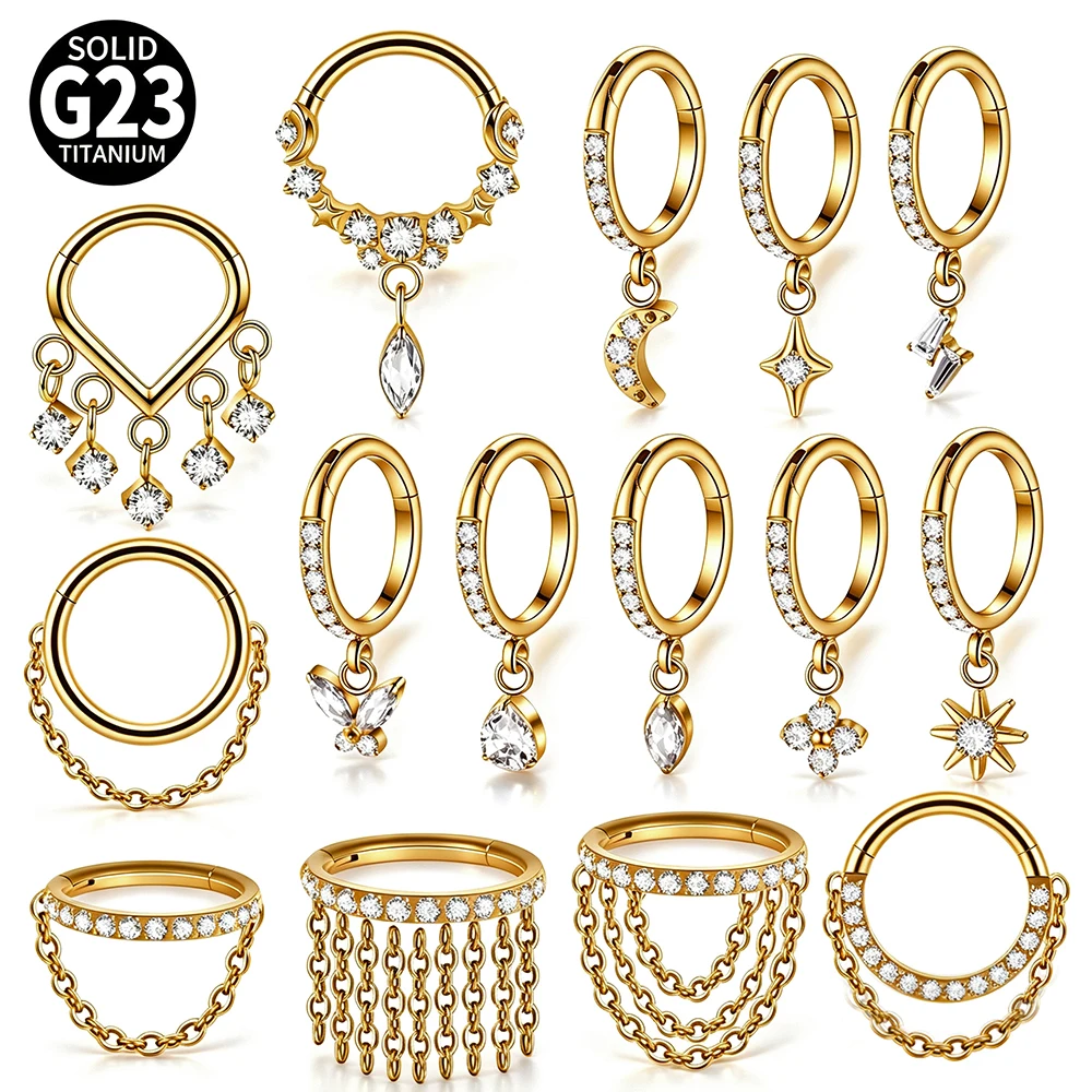 1 ud. Piercing de titanio G23 con segmento de titanio y circonita cúbica, tipo clicker para septum, arete colgante para nariz, tragus, hélix, daith, y nariz. Joyería para piercing de nariz 16G.