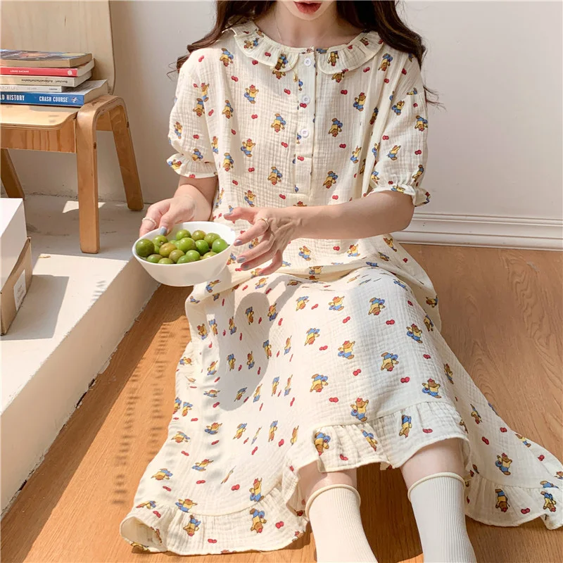 Soft Bear Print Cartoon Cute Summer Short Sleeve NightDress Women Home Casual Elegant Cotton Loose Two Piece Set Pajamas Set