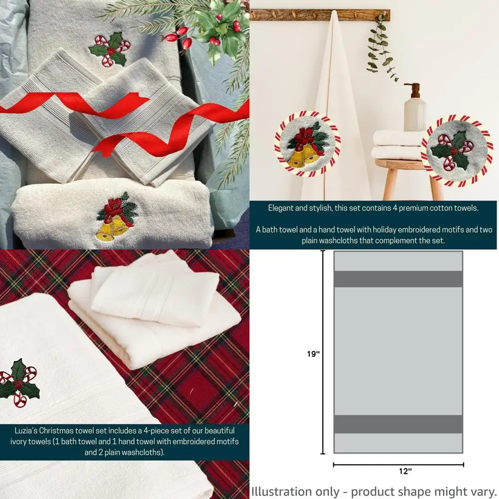 

Набор рождественских полотенец - Слоновая кость | 1 банная, 1 полотенце для рук с вышивкой, 2 простых мочалки | Премиум качество | Идеальный праздничный подарок